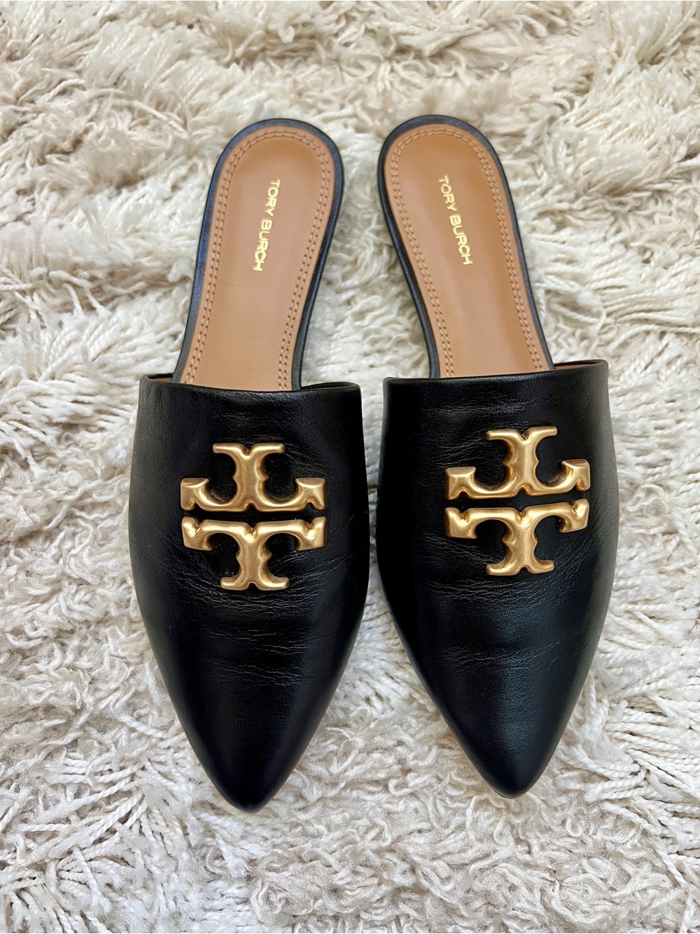 Brand New Tory Burch Black Leather Pointed Mule with Gold Logo Size 8